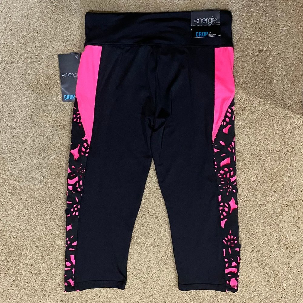 Energie Black and Pink Crop 17" Inseam Leggings
